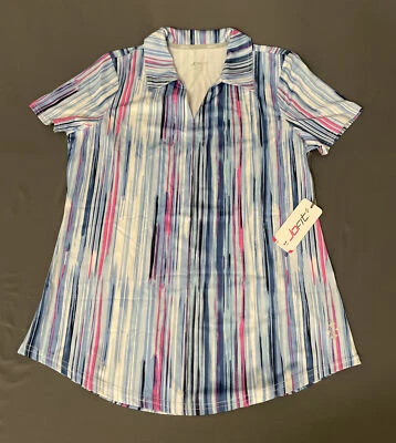 Camisa polo de golf Jo Fit para mujer cuello en V pequeña azul geométrica nueva con etiquetas precio de venta sugerido por el fabricante 94 USD Foto 1 de 4