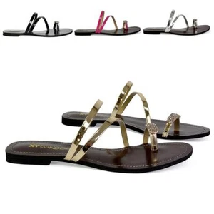 Flache Damen-Slipper-Sandalen Diamant-Zehenpartie Pfosten-Schieberschuhe Größe 3-8 - Bild 1 von 26