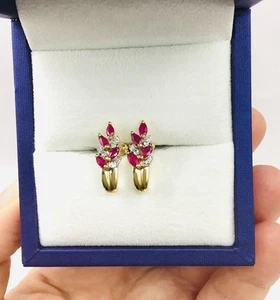 14K Yellow Gold Ruby and Diamond J Hoop Stud Earrings, 0.8ctw, 2.5g - Picture 1 of 11