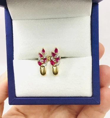 14K Yellow Gold Ruby and Diamond J Hoop Stud Earrings, 0.8ctw, 2.5g - Image 1 of 4