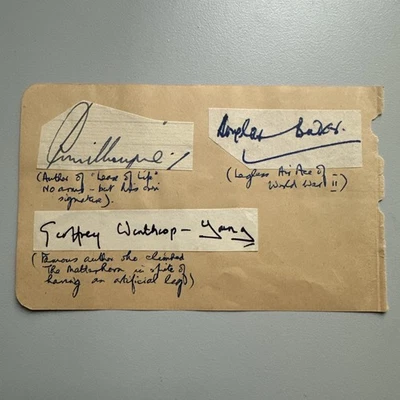 Douglas Bader + 2 Hand Signed Autographs Neatly Laid Down on Page. WW2 RAF Pilot - Image 1 of 4