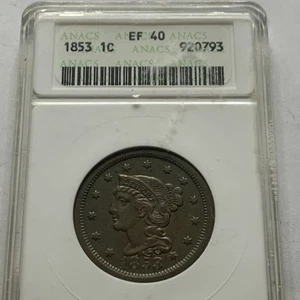 1853 geflochtenes Haar großer Cent ANACS XF 40 - Bild 1 von 8