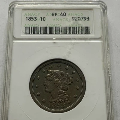1853 Braided Hair Large Cent ANACS XF 40 - Image 1 of 4