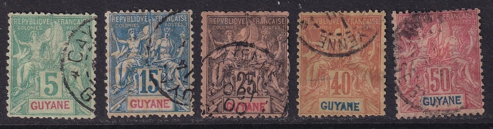 MATT'S STAMPS FRENCH GUIANA #35, #39, #42, #45-46 ISSUES OF 1892-1904 USED CV$54 - Image 1 of 3
