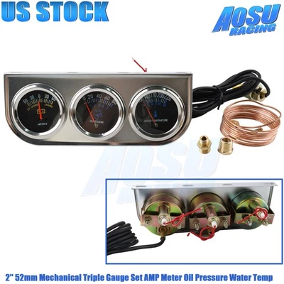 Triple Gauge Set Oil Pressure AMP Meter Water Temp Mechanical Pointer 2'' 52mm - Image 1 of 4