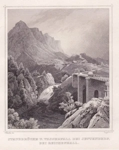 Bad Reichenhall Brücke Wasserfall Bayern Stahlstich engraving Würthle Poppel - Picture 1 of 1