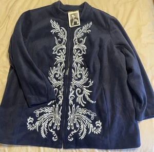 Bob Mackie Wearable Art 3x Fleece Embroidered Full Zip Navy Blue - Picture 1 of 6
