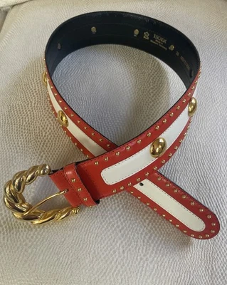 Tachuelas de cinturón de cuero naranja/blanco Escada de colección para mujer tono dorado talla 38 Foto 1 de 4