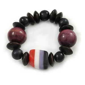 Black, Purple Wood and Resin Bead Stretch Bracelet - 16cm L - For Smaller Wrists - Picture 1 of 3