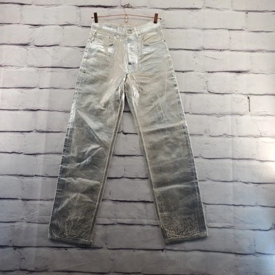 ZARA Jeans Womens 4 Zip Waxed Denim Straight 5-Pocket Silver - Image 1 of 4