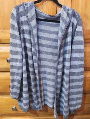 Cárdigan con Capucha Eileen Fisher Gris Rayas 100% Lino Orgánico Talla XL Foto 1 de 4