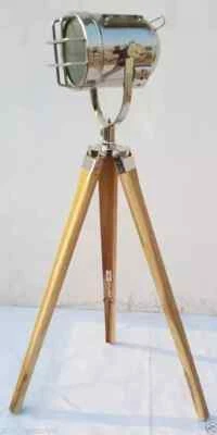 Proyector marino vintage cromado con trípode de madera de teca decoración náutica lámparas de pie Foto 1 de 4