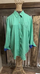 LRL LAUREN RALPH LAUREN Large Blouse Embroidered Crest Linen Green Old Money - Picture 1 of 15