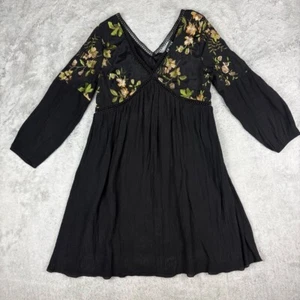 Schwarzes Kleid mit Blumenstickerei Langarm V-Ausschnitt Waldfee Whimsigoth Damen L - Bild 1 von 13