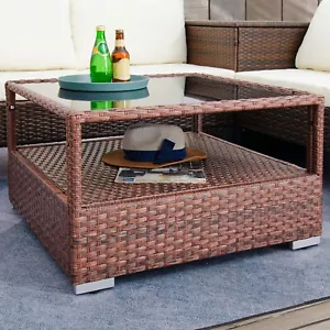 DIMAR GARDEN Patio Wicker Coffee Table with Glass top and Storage, Mixed Brown - Picture 1 of 6