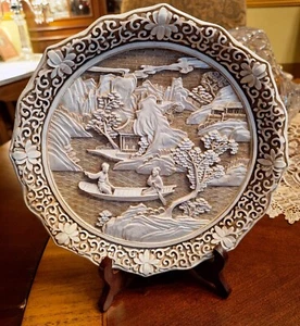 Ivory like Carved Plate 9.5” Diameter in Resin with Plate Display Holder - Picture 1 of 11