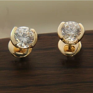 Bezel Setting 2Ct Round Cut Simulated Diamond Stud Earrings 14K Yellow Gold Over - Picture 1 of 5