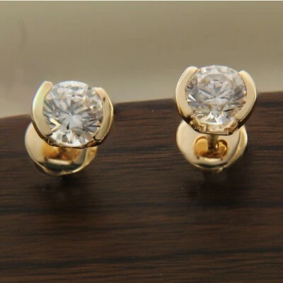 Bezel Setting 2Ct Round Cut Simulated Diamond Stud Earrings 14K Yellow Gold Over - Image 1 of 4