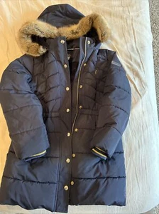 Joules Girls' Hooded Hartwell Padded Coat Removable Fur Trim Navy Blue Size 9 - Picture 1 of 4