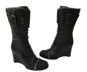 APEPAZZA FLUTE BLACK SUPPLE LEATHER MIDCALF 3" WEDGE WMNS BOOT US 6.5 EUR 37 HOT - Picture 1 of 12