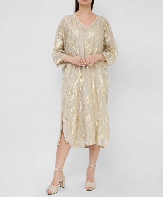 MARINA RINALDI,SILK Blend Dress in Gold, Size MR 21, 12W US, 42 DE, 50 IT - Image 1 of 4