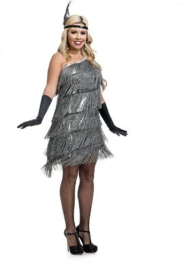 Slant Fringe Flapper Silver Roaring 20's Fancy Dress Up Halloween Adult Costume - Image 1 of 2
