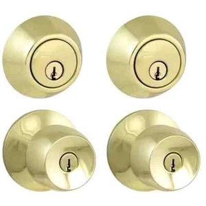 Defiant Brandywine Polished Brass Single Cylinder Keyed Entry Door Knobs -2 Sets - Picture 1 of 6