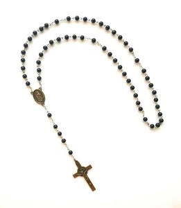 GUADALUPE Black Glass ROSARY with Brass Center Piece and Crucifix - Picture 1 of 5
