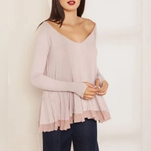 Free People Pale Pink Mauve Ruffled Hem Long Sleeve Tunic Top - Picture 1 of 16