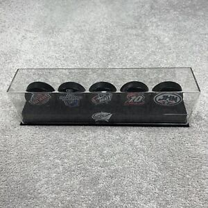 COLUMBUS BLUE JACKETS 10th ANNIVERSARY AUTOGRAPHED 5-PUCK SET WITH DISPLAY CASE