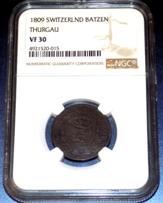 THURGAU Swiss Canton Batzen 1809 KM4 Billon Switzerland Certified NGC VF30 COIN - Image 1 of 4
