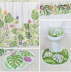Tropical Palm Leaf Shower Curtain, Toilet Mat, Toilet Cover and Bath Mat Set - Picture 1 of 2
