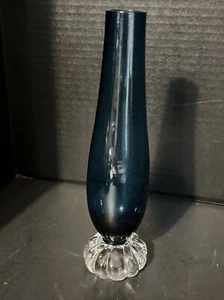 Vtg Cobalt Blue Glass Bud Vase with clear glass swirl base 8 3/4” - Picture 1 of 7