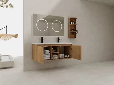 Mueble tocador de baño de pared de madera de 48" + lavabo doble + estante de almacenamiento Foto 1 de 4