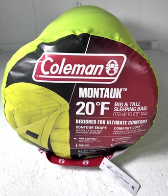 Saco de dormir Coleman Montauk 20 ° F grande y alto se adapta a 6 pies 5 pulgadas comodidad de camping Foto 1 de 4