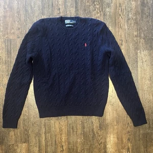 Polo By Ralph Lauren Merino Wool Knit Sweater Navy Blue With Red Logo Size Large - Picture 1 of 5