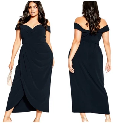 City Chic NWT Rippled Love Dress Size L / 20 Off Shoulder Navy Blue Pleated - Image 1 of 4