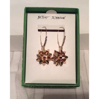 New Betsey Johnson Gold Bows Christmas Rhinestone Dangle Earrings - Image 1 of 4