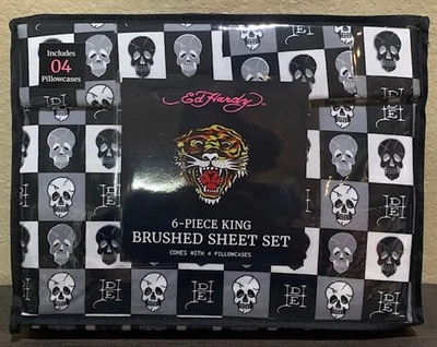 Juego de sábanas King con estampado de calavera a cuadros negro/blanco/gris con 4 fundas de almohada Ed Hardy Foto 1 de 4