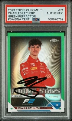 OLIVER BEARMAN SIGNED TOPPS F1 CHROME 2023 GREEN REFR. CARD 78/99  PSA AUTHENTIC - Image 1 of 2