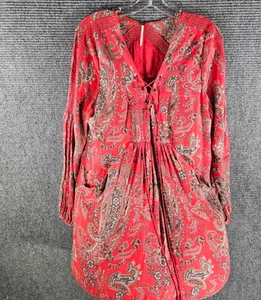 Free People Rain Or Shine Tunic Dress Poppy Combo Red Floral Longsleeve Boho M - Picture 1 of 6