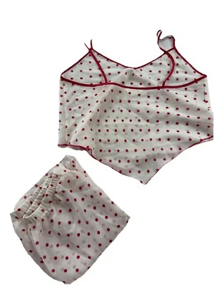 Pajamas Cami Top Pant Set Bali Sheer Mesh Chiffon Red White Polka Dot 🎁 Wrap M - Image 1 of 4