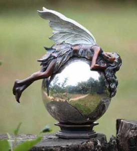 12" Bronze Flower Fairy on Gazing Ball Home Garden Patio Koi Pond Statue Lady - Picture 1 of 1