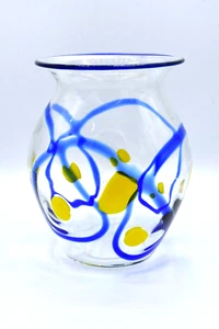Hand Blown Art Glass Vase Clear with Cobalt Blue Swirls Yellow Spots Mexico? - Picture 1 of 14