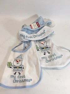 NEW MY FIRST CHRISTMAS 3-Piece Set for BABY Blue & White Stocking,Bib, Santa Hat - Picture 1 of 3