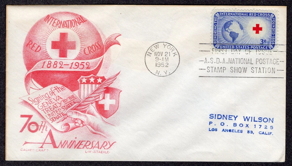1952 International Red Cross 70th (1016) Staehle ONE COLOR Cachet Craft FDC NY6 - Image 1 of 1