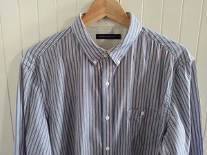 French Connection Men's Shirt Long Sleeved Blue with Red Striped - Medium/Large - Picture 1 of 8