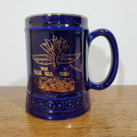 Vintage Indianapolis Motor Speedway Indy 500 Blue Ceramic Coffee Mug Mini Stein Cover