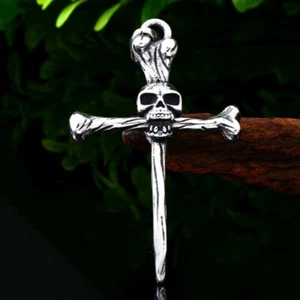 Mens Gothic Punk Skull Nail Cross Pendant Necklace Retro Rock Biker Jewelry 24" - Picture 1 of 4