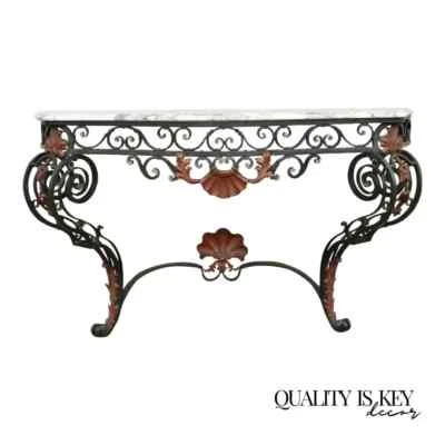 Antique French Art Nouveau Marble Top Wrought Iron Wall Mount Console Hall Table - Image 1 of 4